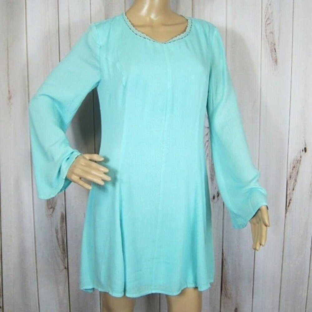 Small A-line Mini Dress Aqua Teal Blue Long Bell Sleeves w/ Lace Scoop Neck NEW - Picture 3 of 12